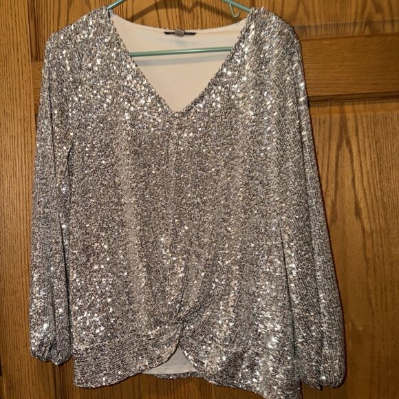 Cable & Gauge Tops - Party Dance Gold Silver Sequin Balloon Sleeve Blouse Twist Front XL Cable & Gaug